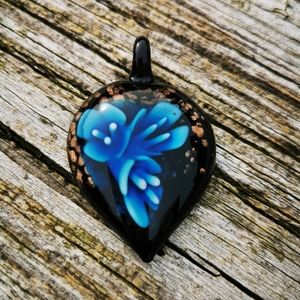Vintage Art Glass Pendant Heart Shape with Blue Flowers and Aventurine
